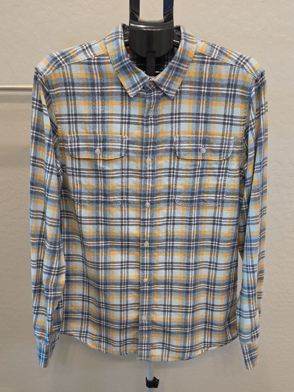 Prana Men's Blue and Yellow Plaid Shirt